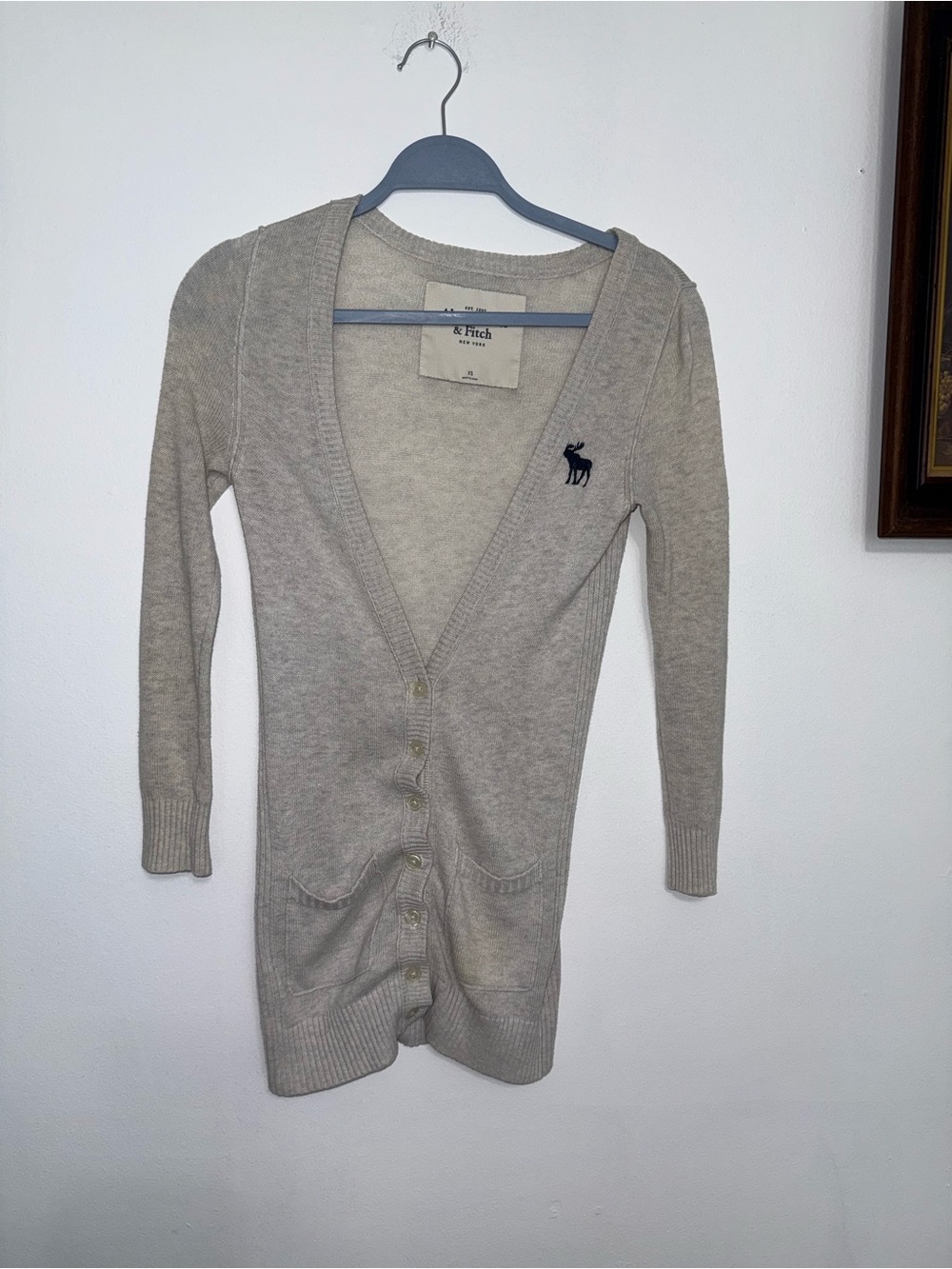 Abercrombie & Fitch Long Beige Button-Front Cardigan with Navy Moose Logo
